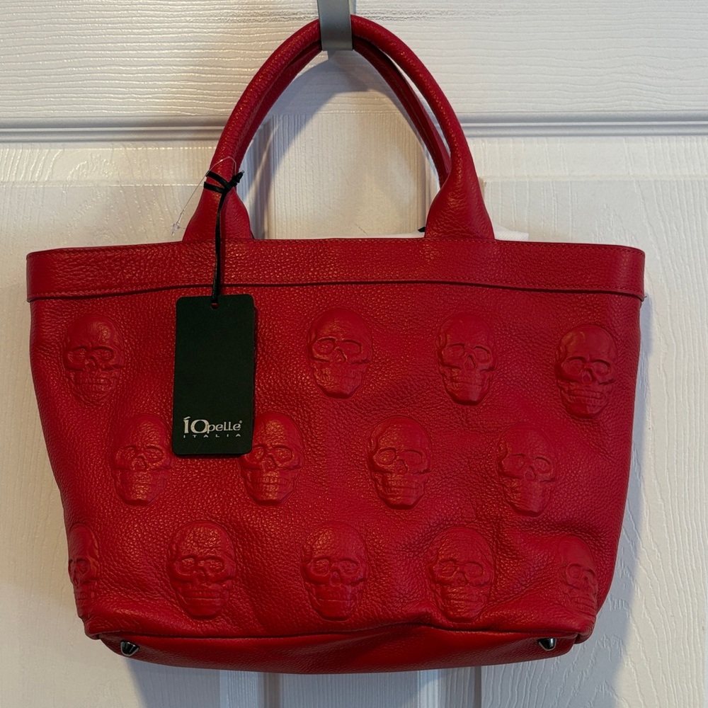 BNWT IO PELLE Red Embossed Skull Small Faux Leather Tote Bag
